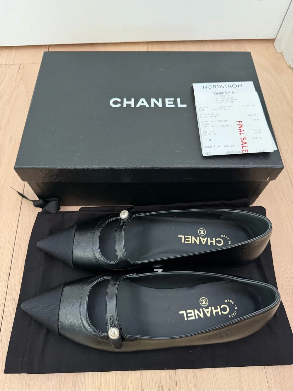 Chanel 24A Shiny Lambskin & Grosgrain Black Ballet Flats Size 40